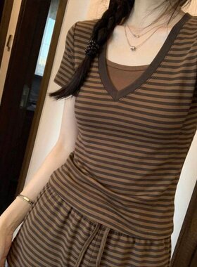 ins风韩版夏季条纹V领修身睡衣女