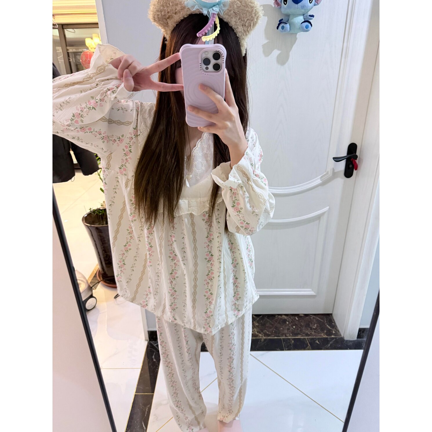 V领蕾丝边睡衣女春秋季2026新薄款田园风长袖长裤云朵棉休闲套装