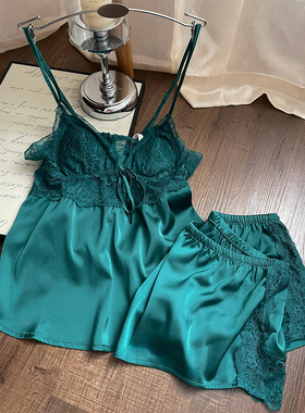 睡衣女款带胸垫孔雀蓝色冰丝绸高级感夏季家居服性感蕾丝纯欲套装