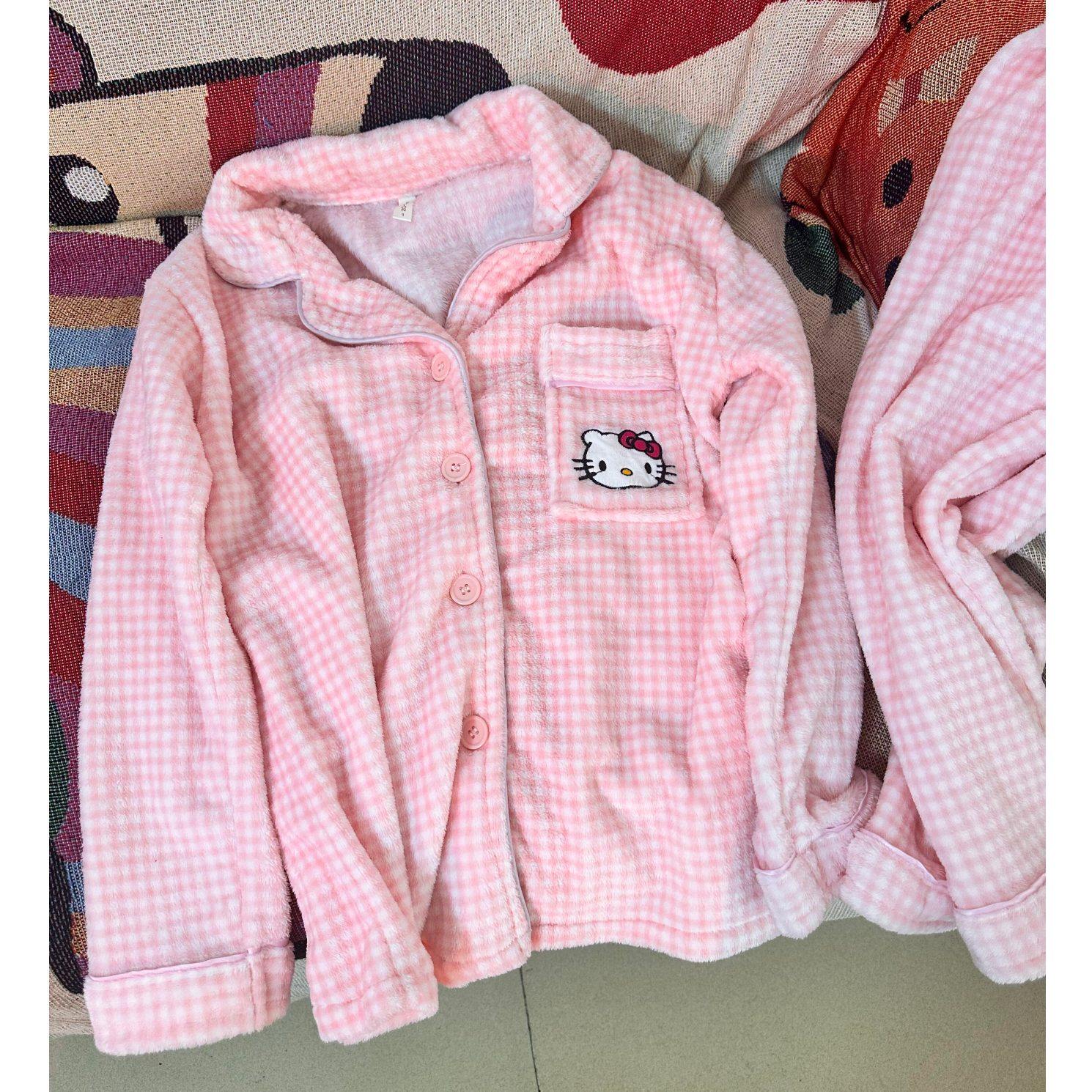 甜美KT猫睡衣女冬季珊瑚绒加厚格纹可爱保暖开衫宽松网红两件套装,女士内衣/男士内衣/家居服,睡衣/家居服套装,淘宝优惠券,粉丝福利购,淘宝优惠卷