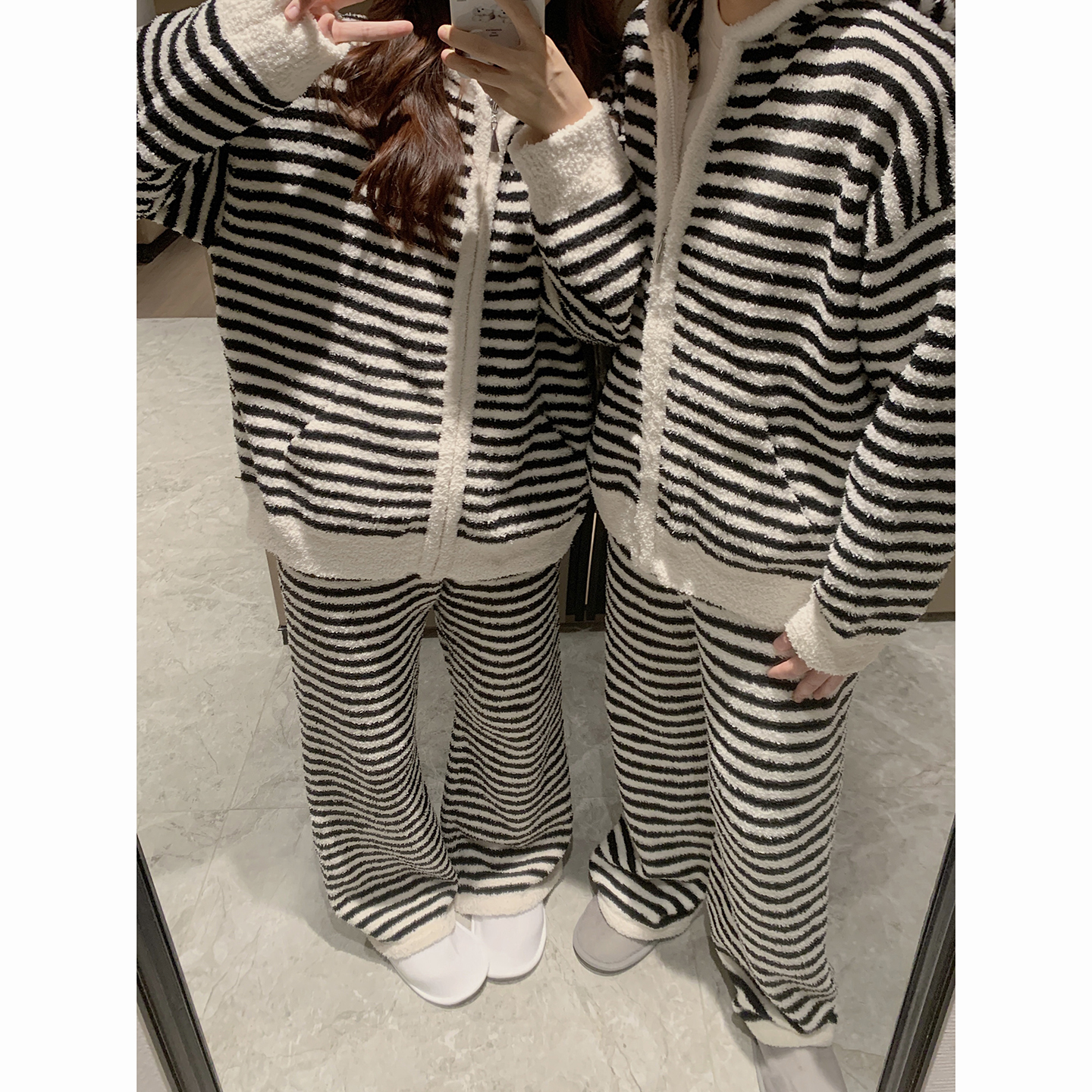 韩国ins条纹情侣睡衣男女秋冬季珊瑚绒加厚可外穿遛弯家居服套装