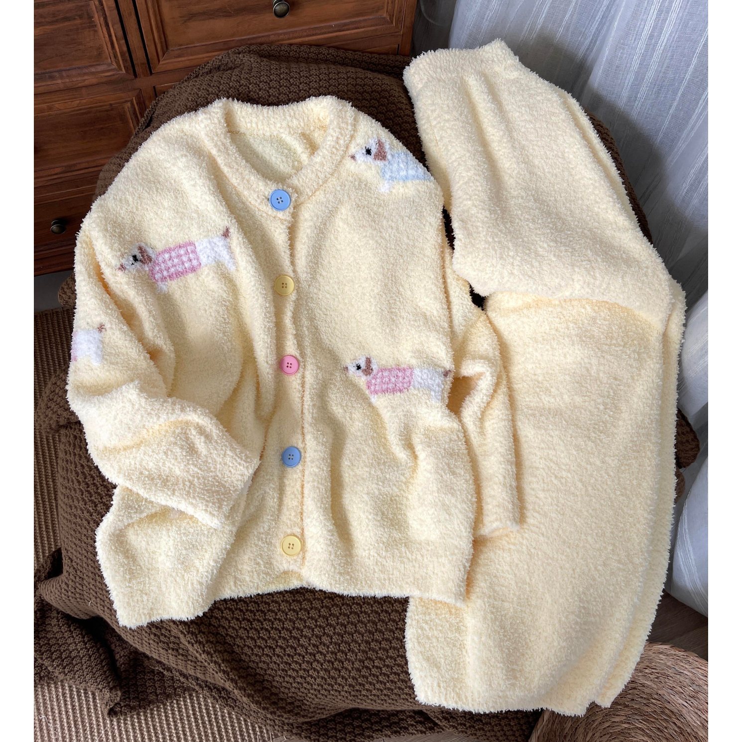 冬季半边绒甜美卡通小狗家居服女