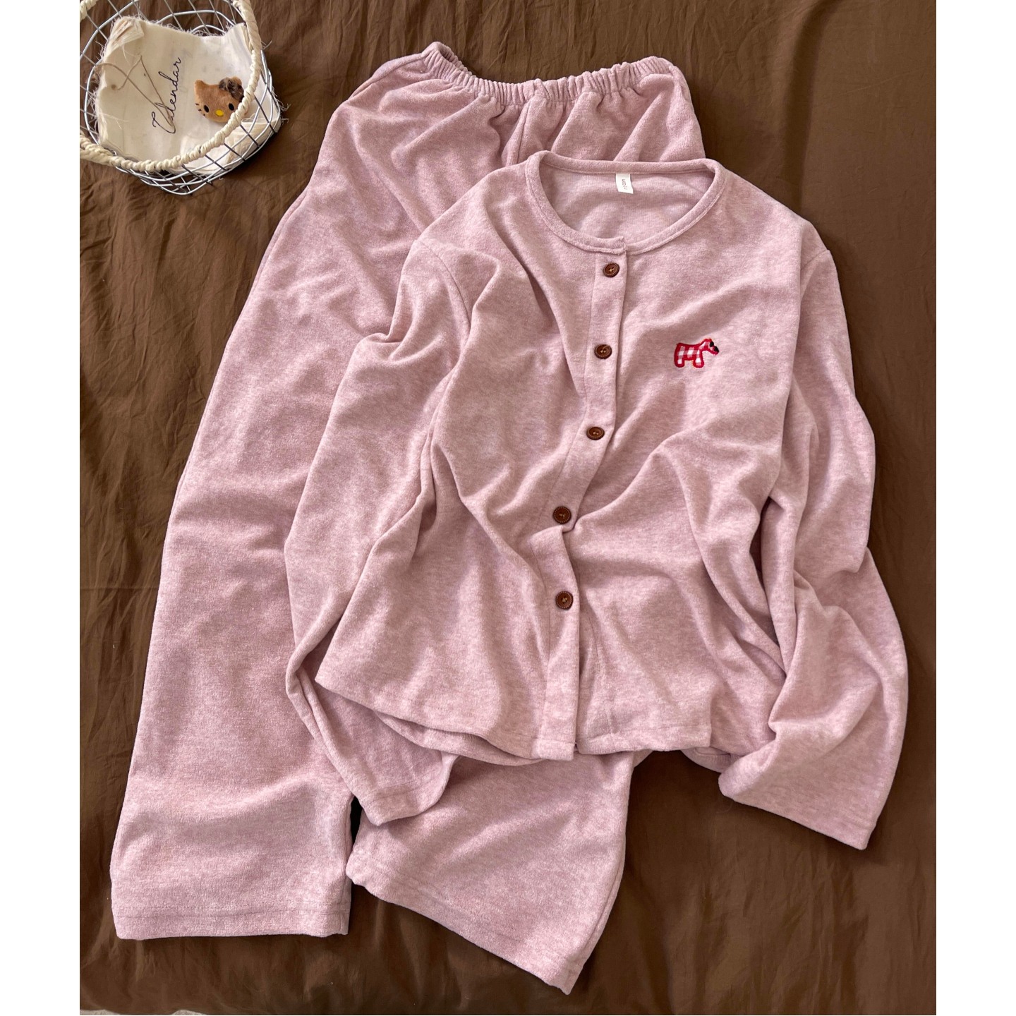 春秋薄款开衫圆领简约ins睡衣女