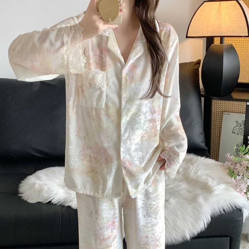 金钻绒宫廷风长袖睡衣女蕾丝秋冬