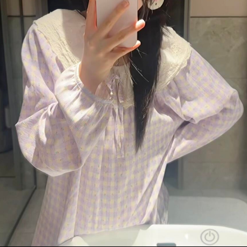 云朵棉格子长袖睡衣女休闲春秋季蕾丝花边圆领套头碎花网红居家服