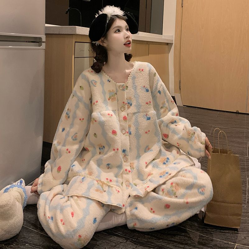 秋冬卡通条纹小熊蕾丝边睡衣女款