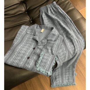 复古风带胸垫睡衣女春秋季ins长袖棉绸流苏可外穿慵懒防凸点套装