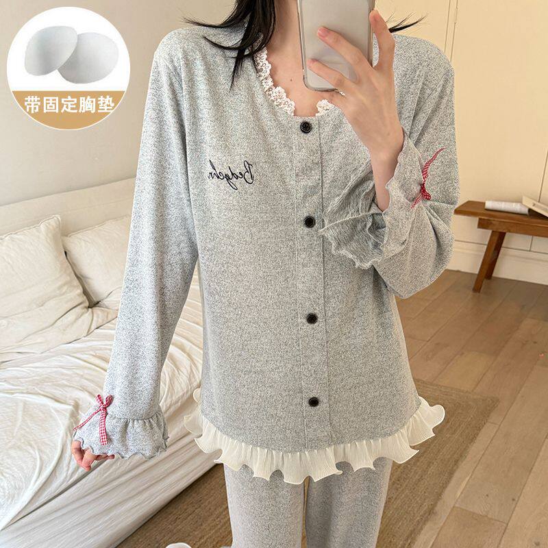 蕾丝边套头长袖长裤睡衣女春秋带胸垫甜美休闲可外穿ins风家居服