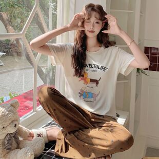 带胸垫卡通休闲可外穿家居服两件套装 睡衣女春夏款 长裤 长条狗短袖