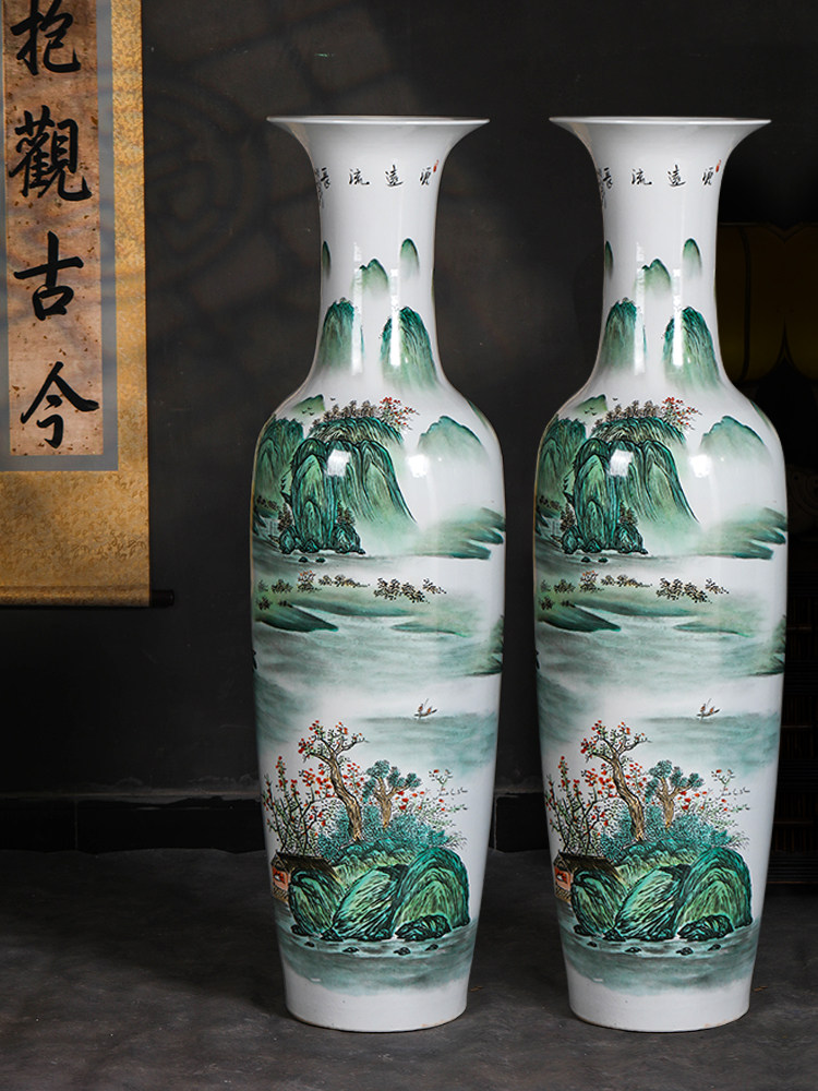 景德镇陶瓷器手绘山水落地大花瓶客厅酒店公司开业高档工艺品摆件