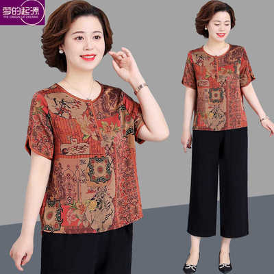 短袖花色洋气休闲中老年女装薄款