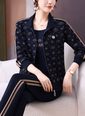 时尚休闲运动服套装女春秋新款印花外套中老年人妈妈装三件套秋装