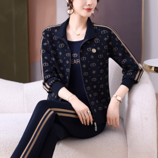 时尚休闲运动服套装女春秋新款印花外套中老年人妈妈装三件套秋装