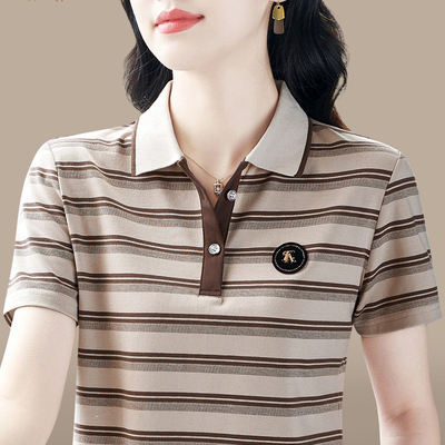妈妈条纹短袖t恤女夏季2025新款宽松纯棉上衣中年运动polo衫夏装