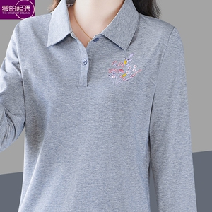 秋季polo衫长袖t恤女2023新款洋气中老年妈妈纯棉休闲上衣春秋装