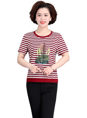 条纹纯棉妈妈装中老年女装薄款