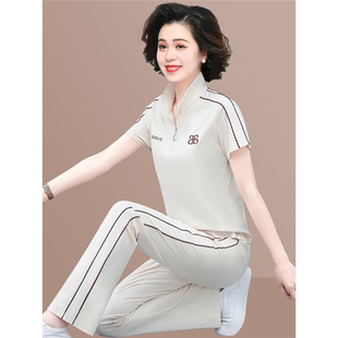 t恤兩件套夏季 中老年女士夏裝 休閑運(yùn)動(dòng)套裝 中年媽媽洋氣上衣短袖