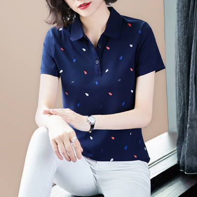 冰丝翻领短袖t恤女夏季2025新款中老年人妈妈POLO衫百搭上衣薄款
