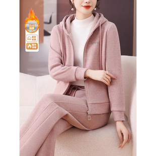 高级感加绒加厚运动套装女秋冬新款妈妈装连帽卫衣保暖休闲服冬装