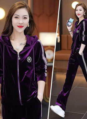 妈妈金丝绒运动套装女春秋新款时尚宽松连帽卫衣休闲服两件套