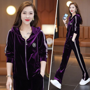 妈妈金丝绒运动套装女春秋新款时尚宽松连帽卫衣休闲服两件套