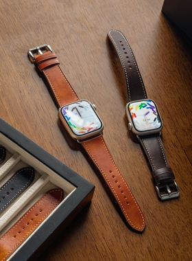 适用苹果手表带s11/iwatch小牛皮applewatchS10/S8s9真皮ultra3SE