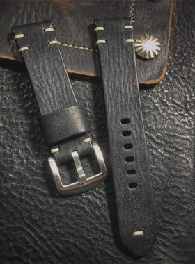 手工表带 黑色哑光磨砂 牛皮手工定制 适配沛纳海等