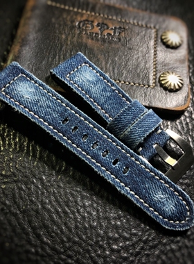 做旧黑蓝色丹宁牛仔布表带夏季透气双面布适用于沛纳海大飞精工等