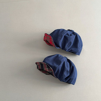 宝宝韩系复古格纹翻檐牛仔贝雷帽