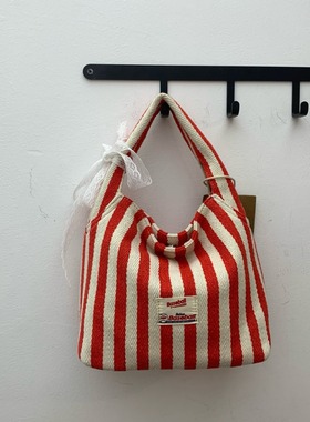 帆布高级手提网红红色竖条纹大容量托特水桶韩版洋气子母小包中包