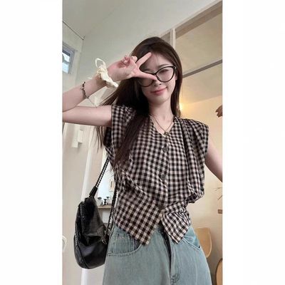 【工厂直销】复古红色格子背心无袖衬衫女设计感小众夏季掐腰上衣