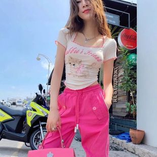上衣 工厂直销 奶油白色萌猫印花方领T恤女夏收腰密边软糯短款