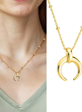 欧美法式牛角月亮吊坠项链钛钢IPG14K金U型ins风锁骨链钛钢夹珠链