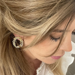 法国稻穗O形环状树叶耳钉钛钢镀18K金欧美ins同款女时尚个性耳饰