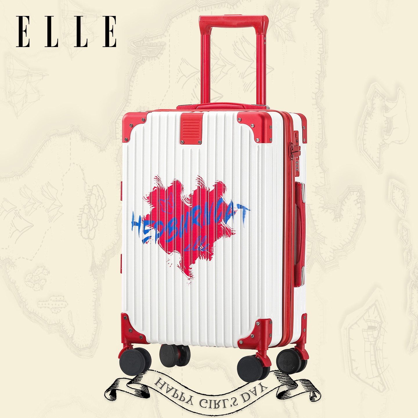 ELLE&赫本猫联名款印花图案行李箱女拉杆箱旅行箱时尚密码箱箱子图片