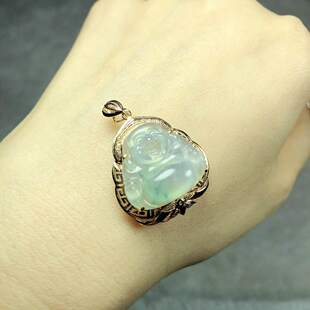 18k金镶钻天然翡翠A货冰种起荧光佛爷项吊坠淑女玉石礼物百搭珠宝