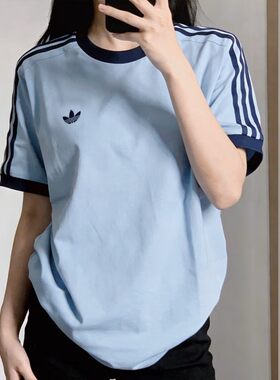 阿迪达斯adidas三叶草蓝色短袖美式复古半袖上衣校园T恤KG6323