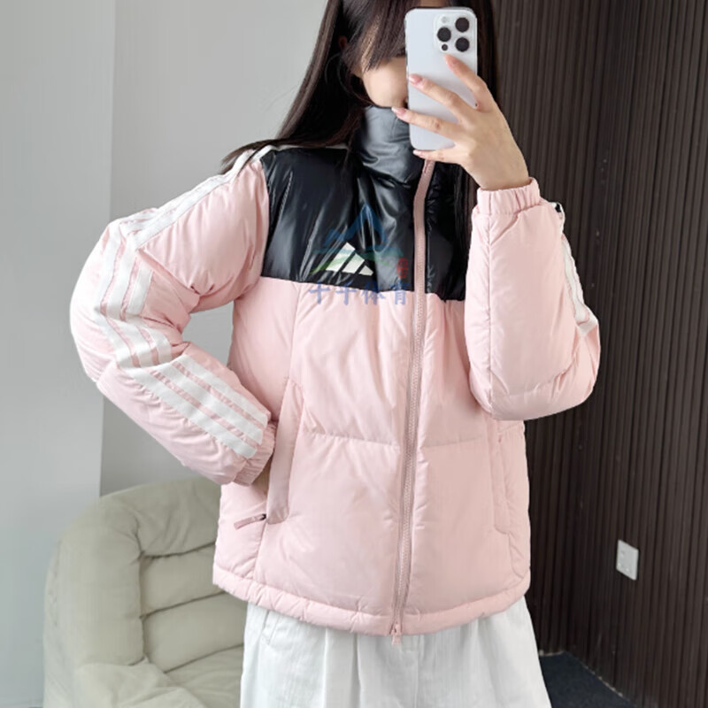 阿迪达斯羽绒服女装冬季新款三条纹休闲运动服保暖立领短款KC2483