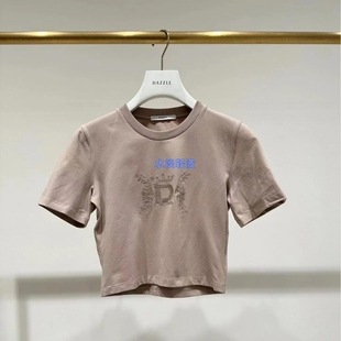 2H3B318吊牌739大地素DAZZLE专柜正品 2023秋水溶绣花褶皱收身T恤