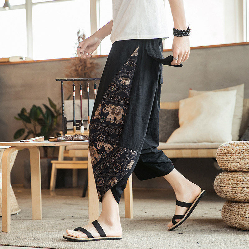 七分裤男夏季薄款中国风棉麻阔腿裤宽松大码印花亚麻短裤沙滩裤潮,男装,休闲裤,淘宝优惠券,粉丝福利购,淘宝优惠卷