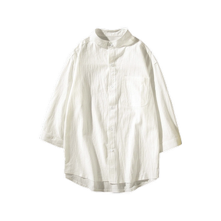 七分纯棉短袖衬衫男长袖2025夏季t恤休闲寸衣宽松大码立领男装潮