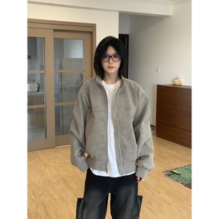 现货现发】扎染美式复古PU皮衣夹克立领飞行外套男女同款棉衣棉服