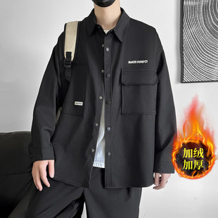 工装外套男秋冬款休闲痞帅牛仔衣衬衫夹克男生加绒棒球服男款上衣