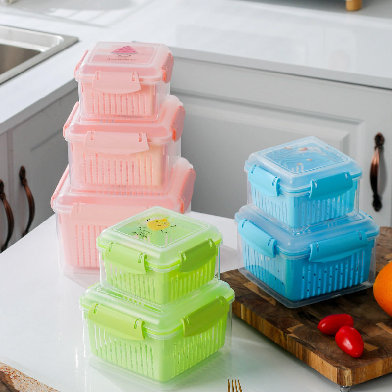 多层沥水保鲜盒食材储物盒水果蔬菜收纳盒冰箱密封盒食品盒可微波