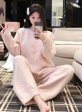 圆领扣气质纯色针织珍珠新款外套家居服小开衫睡衣半边秋冬香风绒