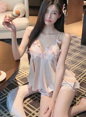 时尚冰丝少女纯欲带睡衣感蝴蝶结吊带家居服胸垫短裤女士睡衣性感