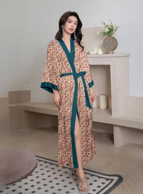 欧美长款印花女士浴袍缎面家居服雪纺睡衣舒适WP3976乱花睡袍