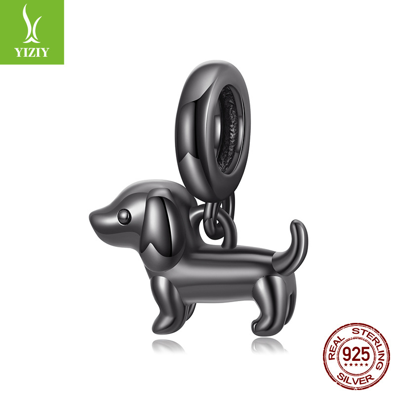 热卖黑色腊肠狗diy吊坠配件 可爱动物s925纯银镀黑金串珠