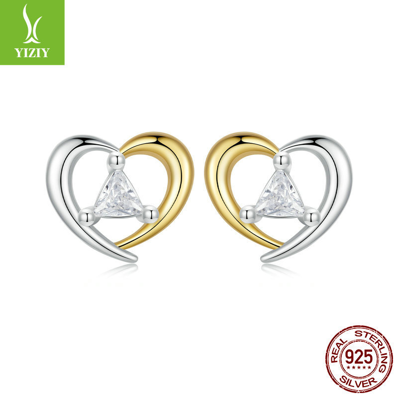 简约双色爱心镂空耳钉女 经典时尚925纯银电镀闪耀耳钉