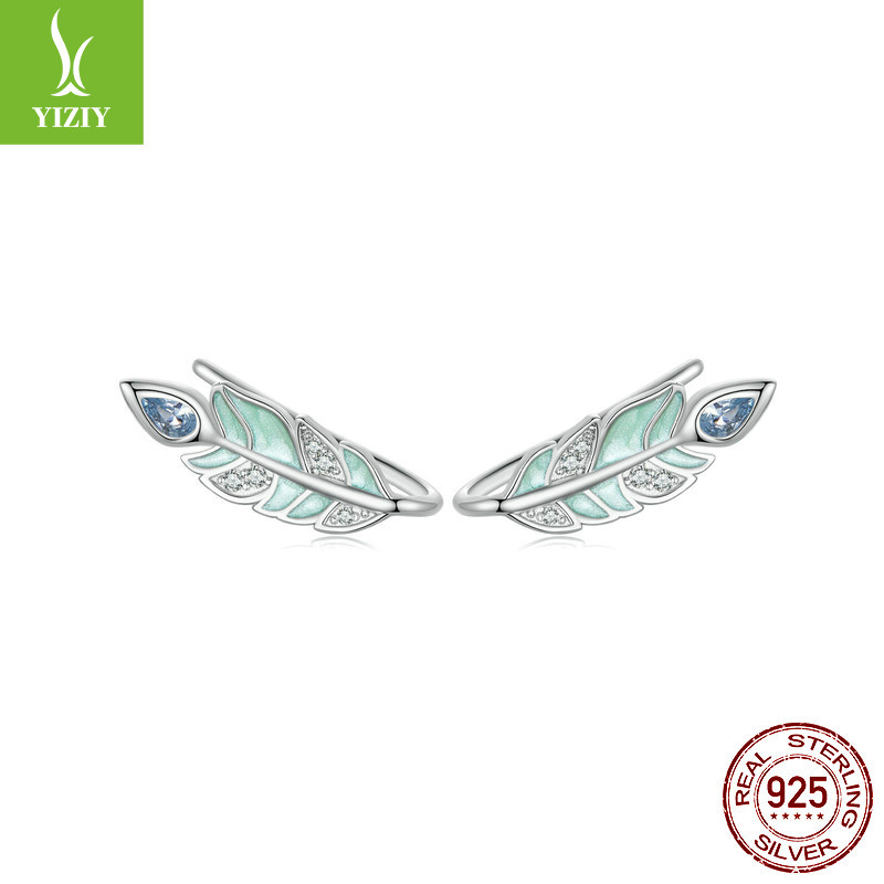 森系绿色羽毛耳钉女 小众设计感s925纯银耳钩耳饰批发